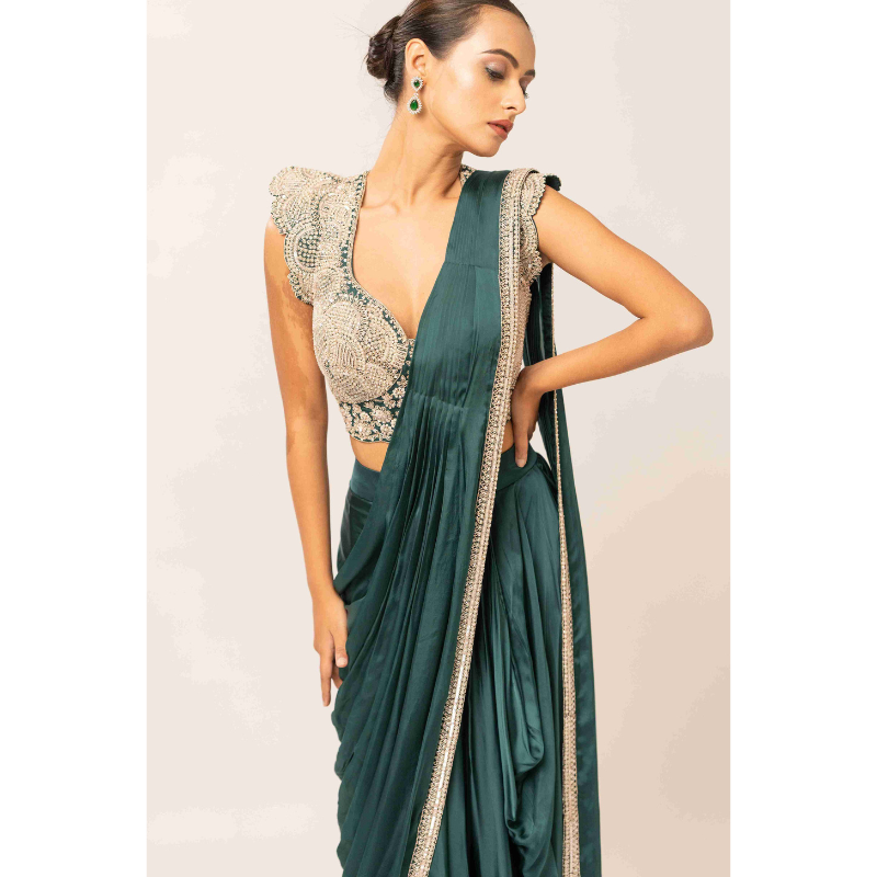 Satan Fabric Drape Sarees with Pearl Work
