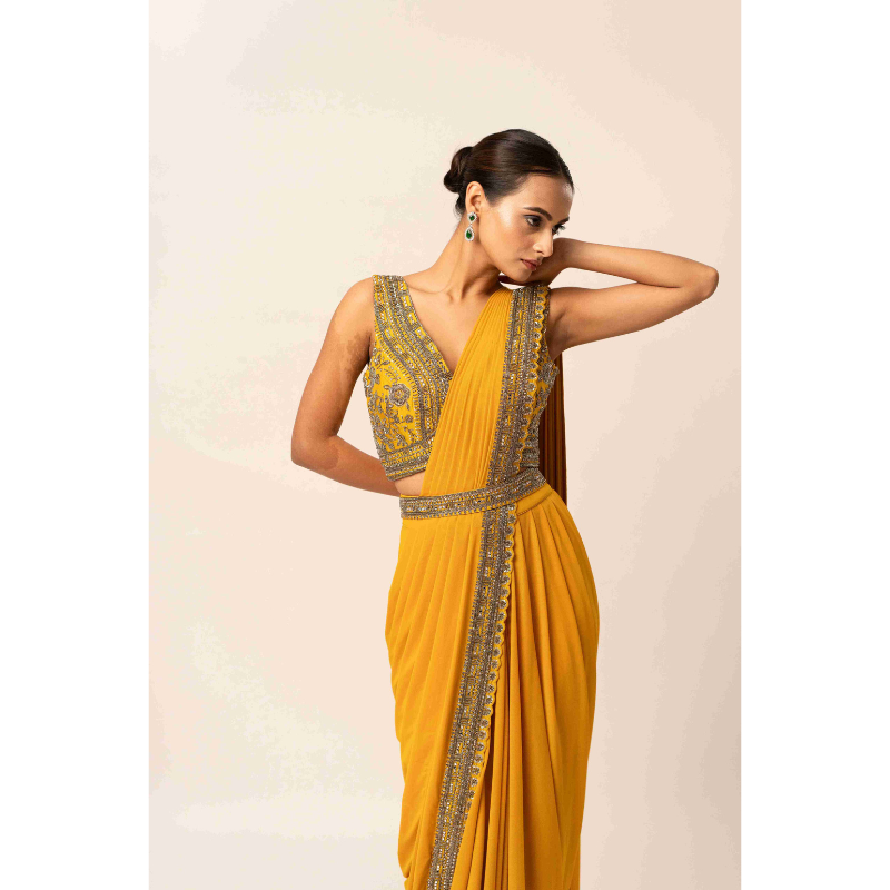 Embroidered Mustard Lycra Drape Saree