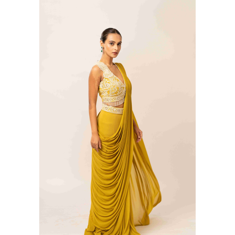 Fabric Lycra with Parle and Sequins Work Yellow