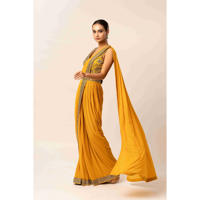 Embroidered Mustard Lycra Drape Saree
