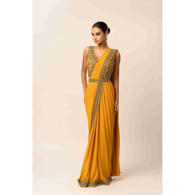 Embroidered Mustard Lycra Drape Saree