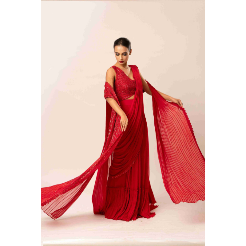 Embellished Drape Saree With Longline Cape