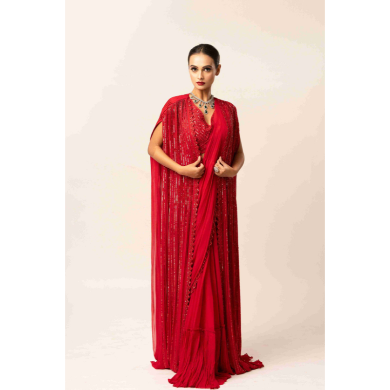 Embellished Drape Saree With Longline Cape