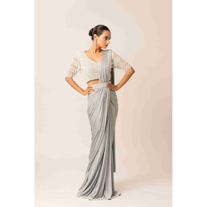 Fabric Lycra with Parle and Sequins Work Gray