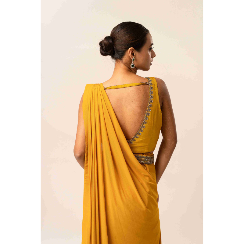 Embroidered Mustard Lycra Drape Saree