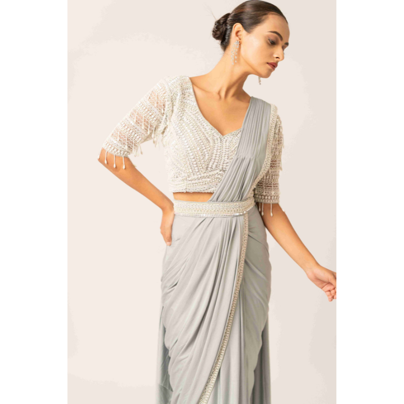 Fabric Lycra with Parle and Sequins Work Gray