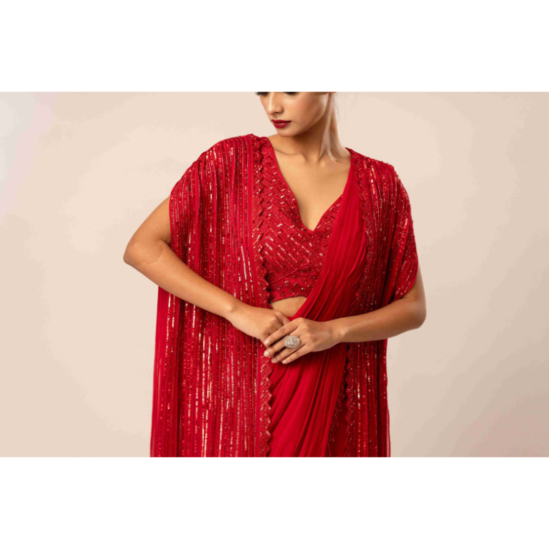 Embellished Drape Saree With Longline Cape