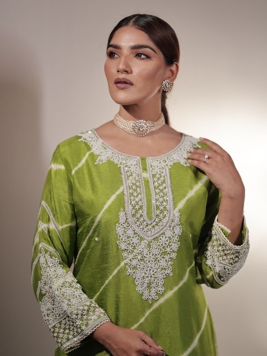 Green Leheria Pearl Sequins Suit Set