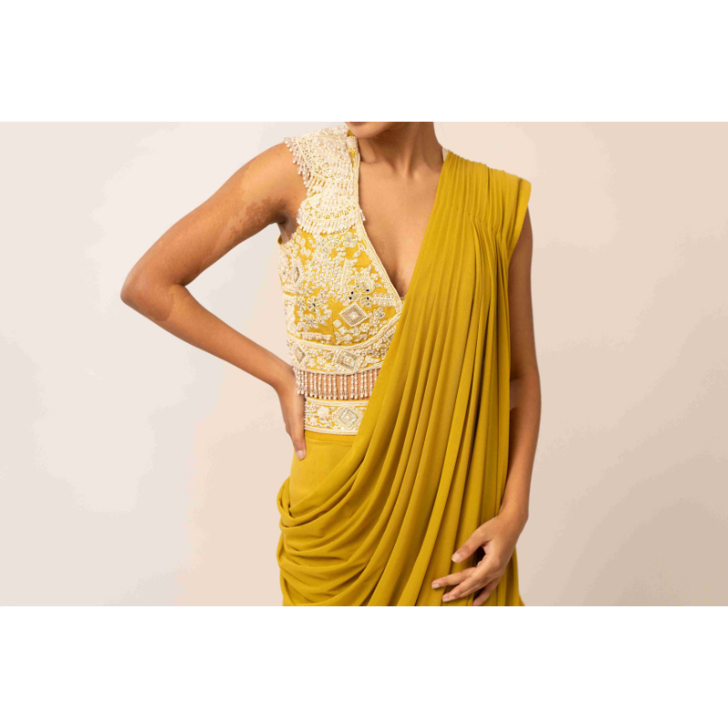 Fabric Lycra with Parle and Sequins Work Yellow