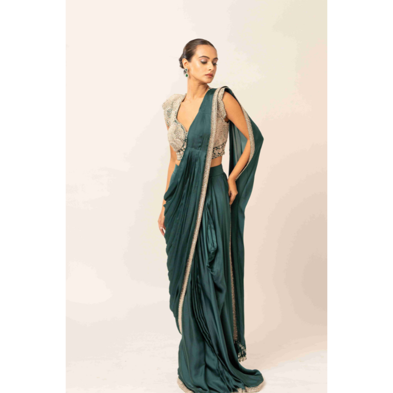 Satan Fabric Drape Sarees with Pearl Work