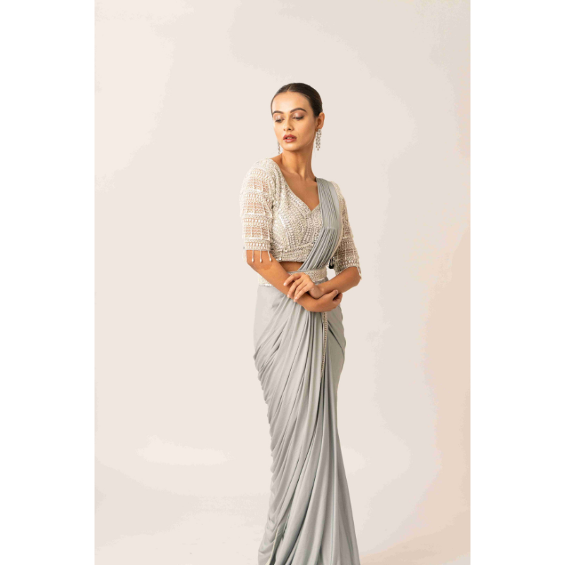 Fabric Lycra with Parle and Sequins Work Gray