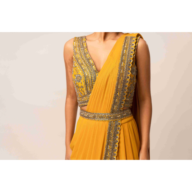 Embroidered Mustard Lycra Drape Saree